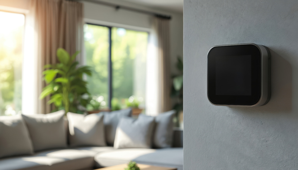 En termometer som sitter på väggen i ett vardagsrum med en grå soffa och gröna växter.